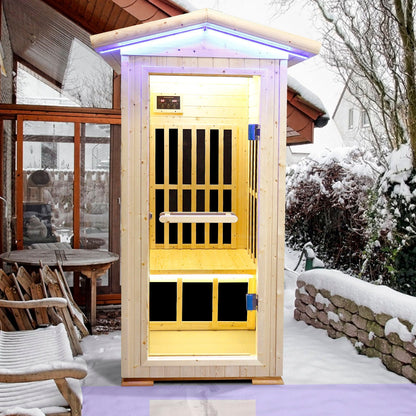 Single Person Natural Spruce Far Infrared Sauna With Ambient Lighting And Bluetooth Music & Adjustable Foot-Zone Heating