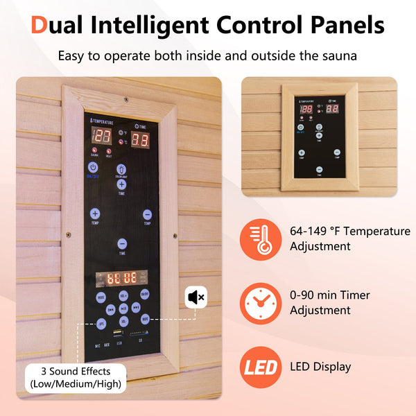 2 People Canadian Hemlock Far Infrared Sauna Room with Red & Near-Infrared Light Panel for Home