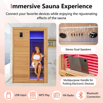 2 People Canadian Hemlock Far Infrared Sauna Room with Red & Near-Infrared Light Panel for Home