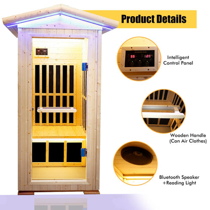 Single Person Natural Spruce Far Infrared Sauna With Ambient Lighting And Bluetooth Music & Adjustable Foot-Zone Heating
