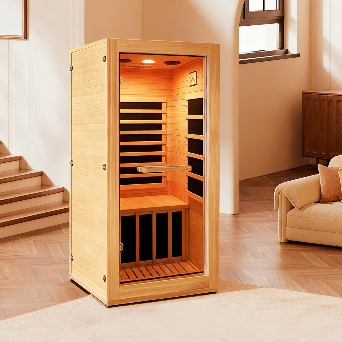 AUS Wood One-Person Infrared Sauna with 10-Color Lighting