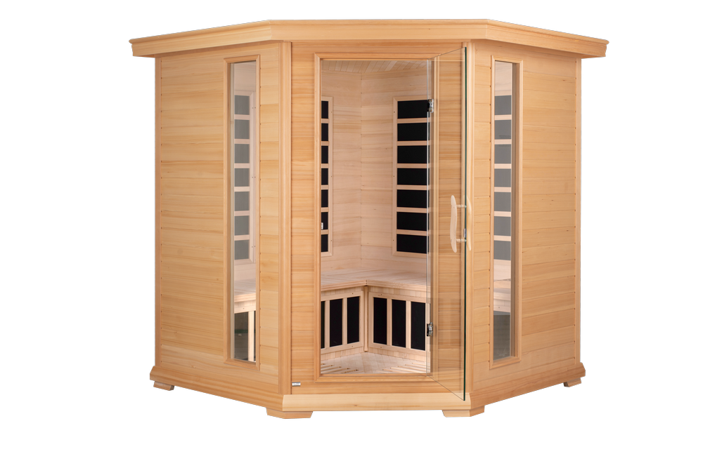 Blisspod, Vienna, Corner Spacious Far Infrared Corner Sauna Canadian Hemlock Ultra Low EMF, 12 Heaters, 4-5 Persons