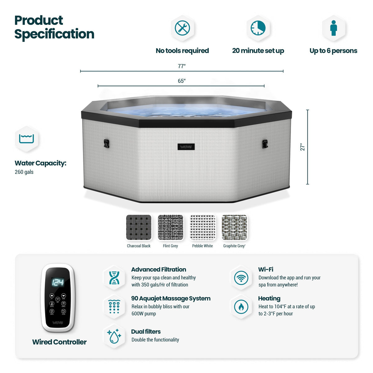 Como 6-Person Octagonal Eco Foam Hot Tub with Integrated Heater