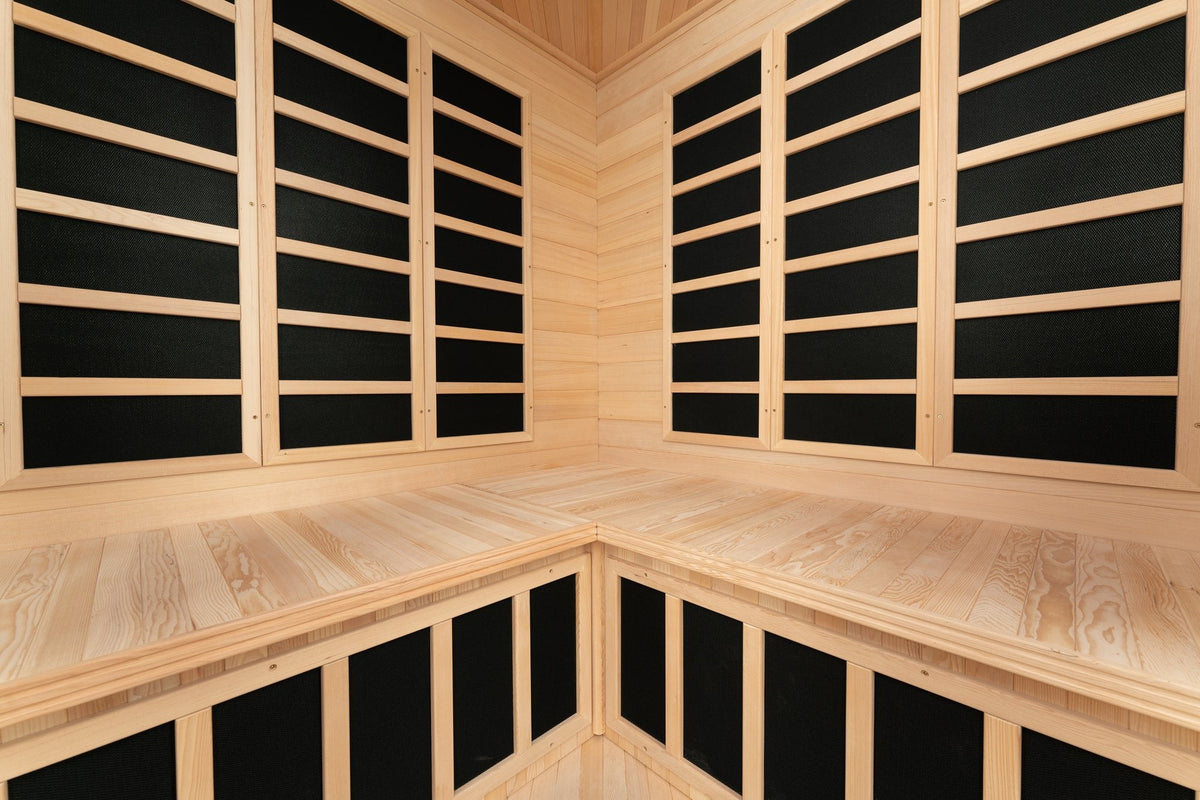 Blisspod, Vienna, Corner Spacious Far Infrared Corner Sauna Canadian Hemlock Ultra Low EMF, 12 Heaters, 4-5 Persons