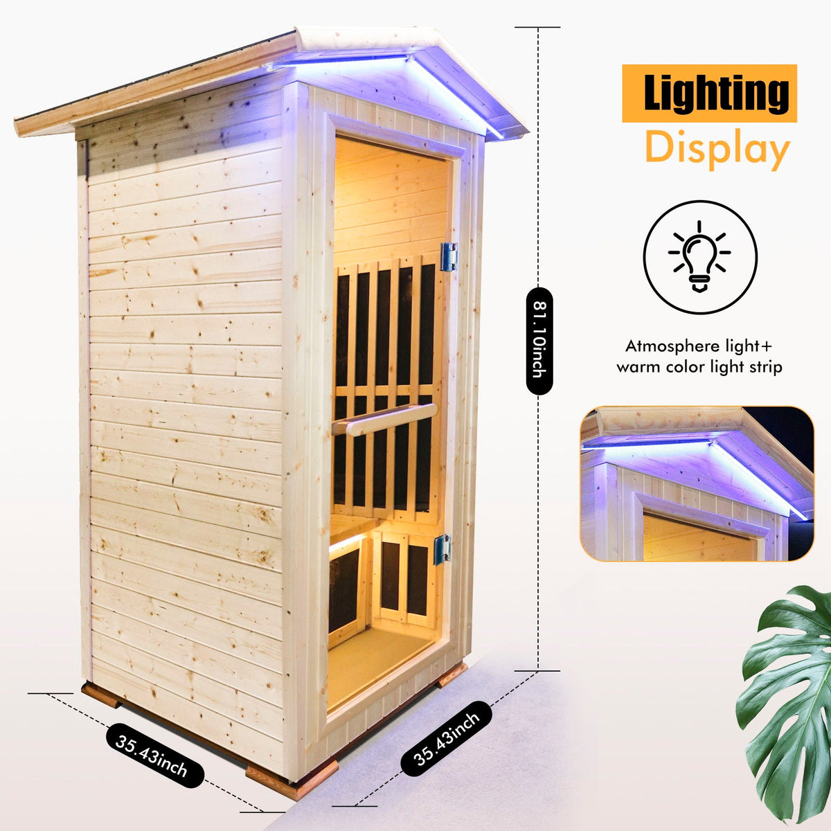 Single Person Natural Spruce Far Infrared Sauna With Ambient Lighting And Bluetooth Music & Adjustable Foot-Zone Heating