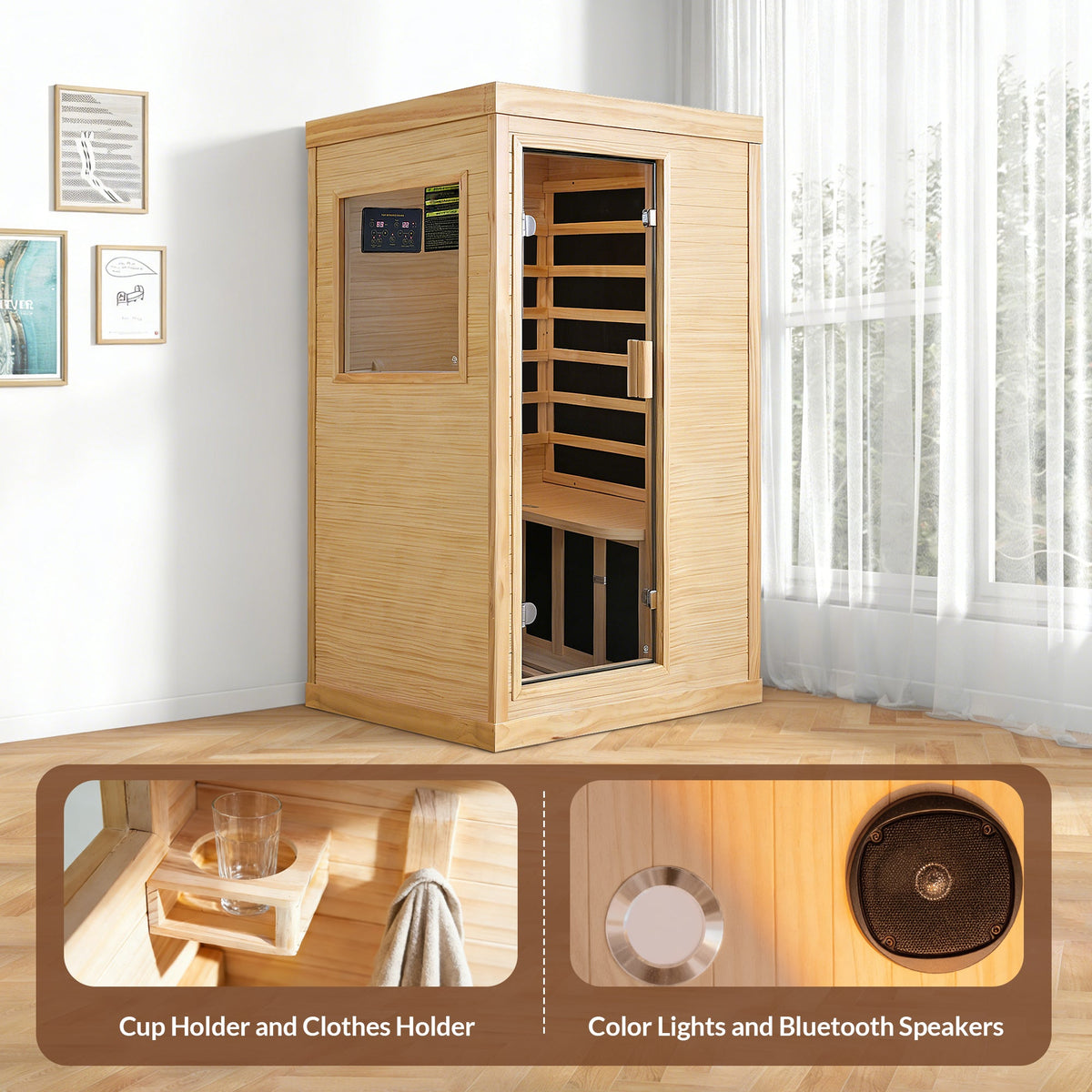 HOSAUNA Chilean Pine One-Person Sauna with Ambient Lighting