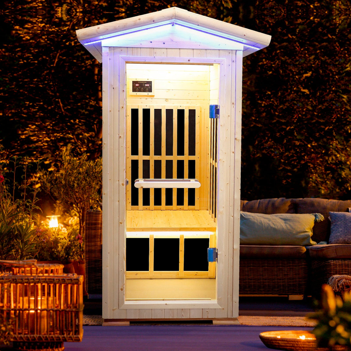 Single Person Natural Spruce Far Infrared Sauna With Ambient Lighting And Bluetooth Music & Adjustable Foot-Zone Heating
