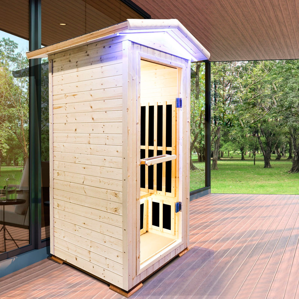 Single Person Natural Spruce Far Infrared Sauna With Ambient Lighting And Bluetooth Music & Adjustable Foot-Zone Heating