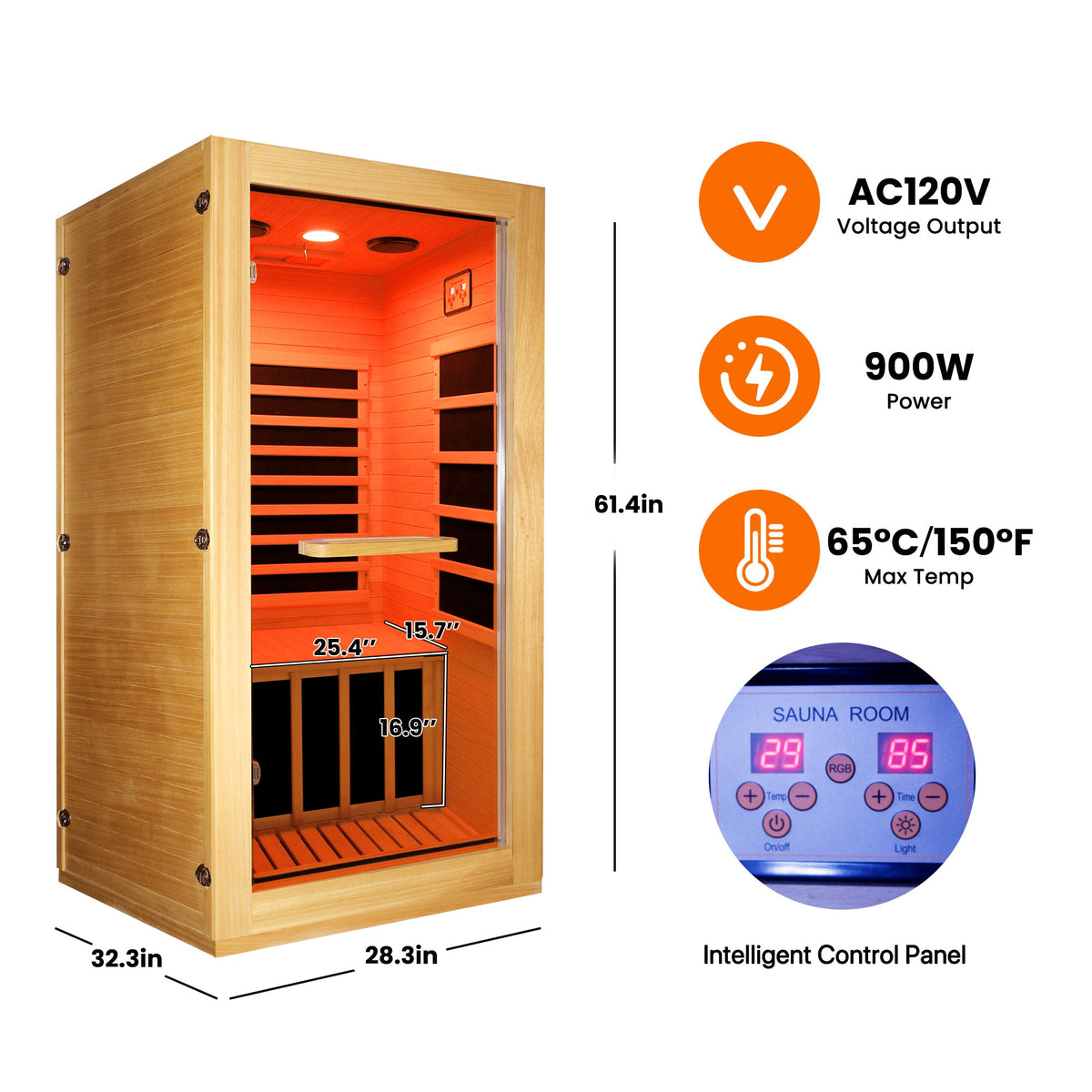 AUS Wood One-Person Infrared Sauna with 10-Color Lighting