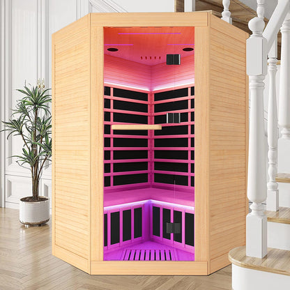 2-Person Eastern Canadian Hemlock Corner Infrared Sauna